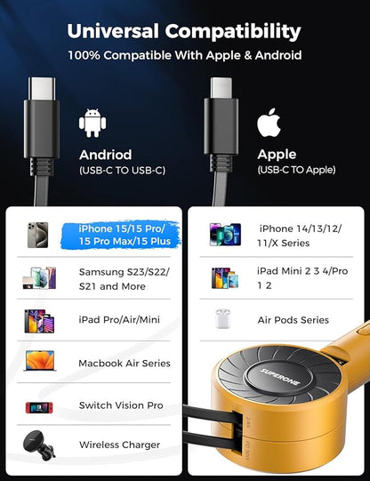 SUPERONE 3-in-1 Car Charger with Retractable Cords, USB C Charger Car Adapter Compatible with iPhone 17/16/15/14/13/12 Pro Max Samsung Android Phones