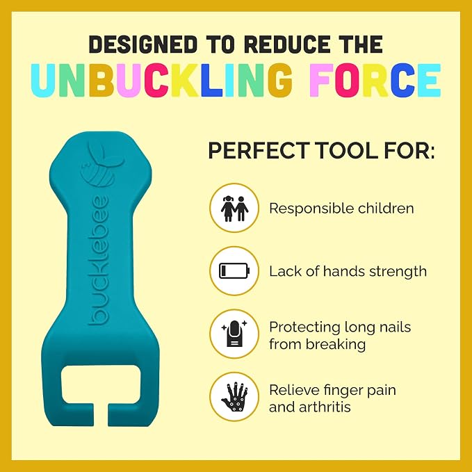 Bucklebee Easy Car Seat Buckle Release Aid for Children Unbuckle Car Seat Release Tool - Button Pusher - Opener for Nails - Buckle Release (1 Pack Teal)