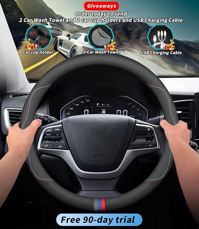 Custom-Fit for BMW Steering Wheel Cover, Premium Leather Car Steering Wheel Cover with Logo, Non-Slip, Breathable, for B-MW Accessories (C-Style,for BMW)