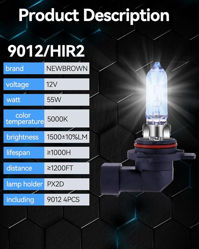 NEWBROWN 9012 Hir2 Headlight Bulb HIR2 Halogen Headlight Bulb 5000K Super White Light Long Life Replacement PX22D 12V/55W (9012/HIR2, 4 Pack)