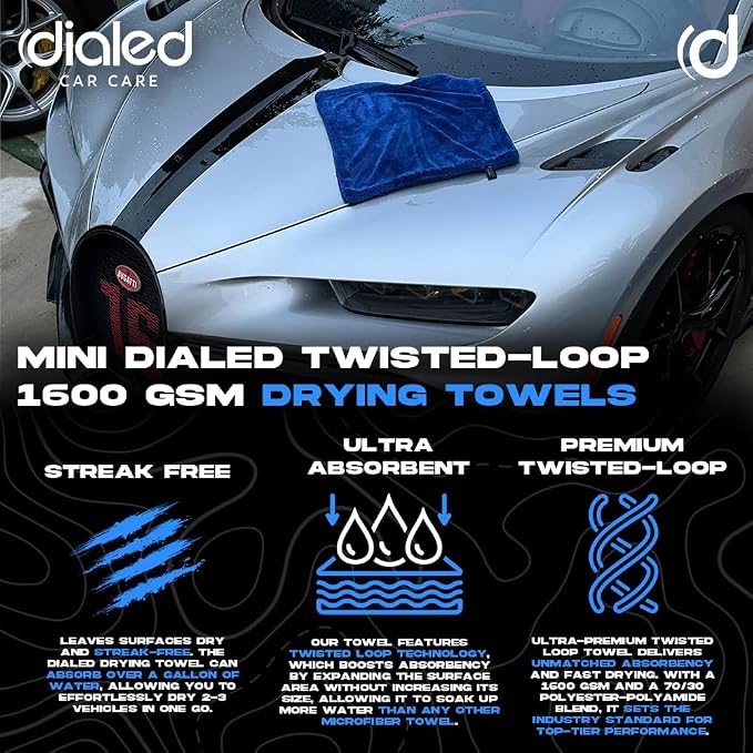 2 Pack Dialed Mini Drying Towels 1600 GSM, Premium 70/30 Blend Microfiber for Drying Cars, Trucks, SUVs. Professional Grade, Safe for Detailing + Lint Free. 16" x 16", Marina Blue