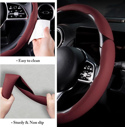 Car Steering Wheel Cover Leather Snap On 3Pcs Set Non-Slip Protector Wrap Steering Wheel Accessories 14.5-15 inch Universal Wine Red
