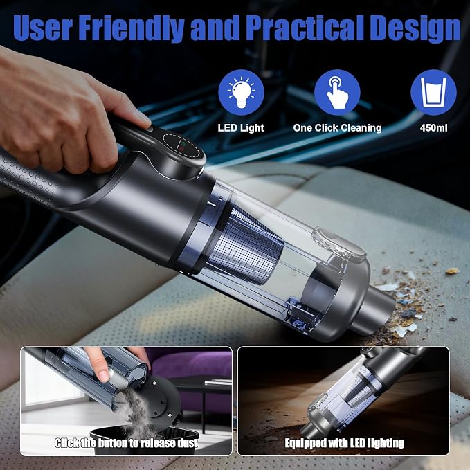 Car Vacuum Portable Cordless-19000 Pa 4 in 1 Handheld Vacuum Cordless Brushless Motor with LED Light and Multi-Nozzles, One-Touch dust Removal for Car, Home, Office, Pet, Black