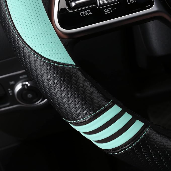HighnessHwoo Car Steering Wheel Covers for Women Girl Padded Carbon Fiber PU Leather Cute Cartoon Auto Interior Accessories for Jeep, Truck, Universal, Anti Slip, Green, Large Size, 15.2-16in
