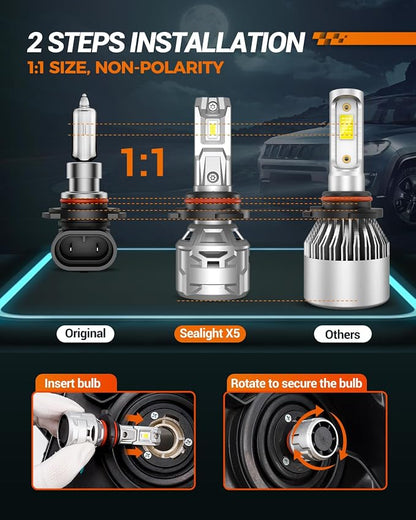 SEALIGHT H11/H8/H9 Light Bulbs 30000LM, 6500K Cool White Fog Lights for Powersports, Real 1:1 Mini Size Plug and Play, Pack of 2