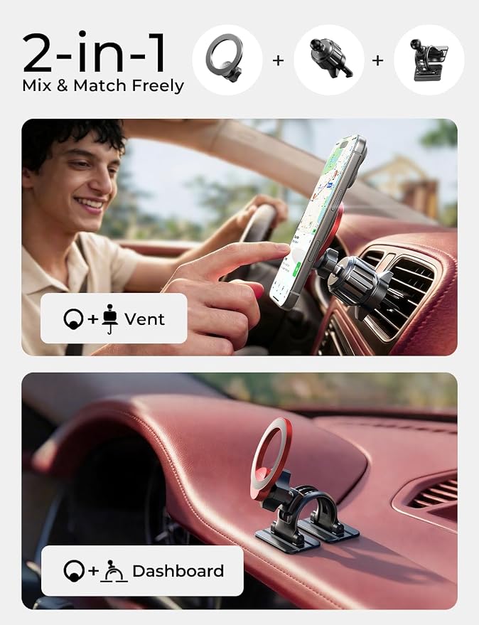 LISEN for MagSafe Car Mount,Car Accessories for Women Men [2025 Ultra] Magnetic Phone Holder for Car 360 Dashboard Vent Phone Mount for Car Organization iPhone 16 15 14 13 12 Pro Plus Mini,Red