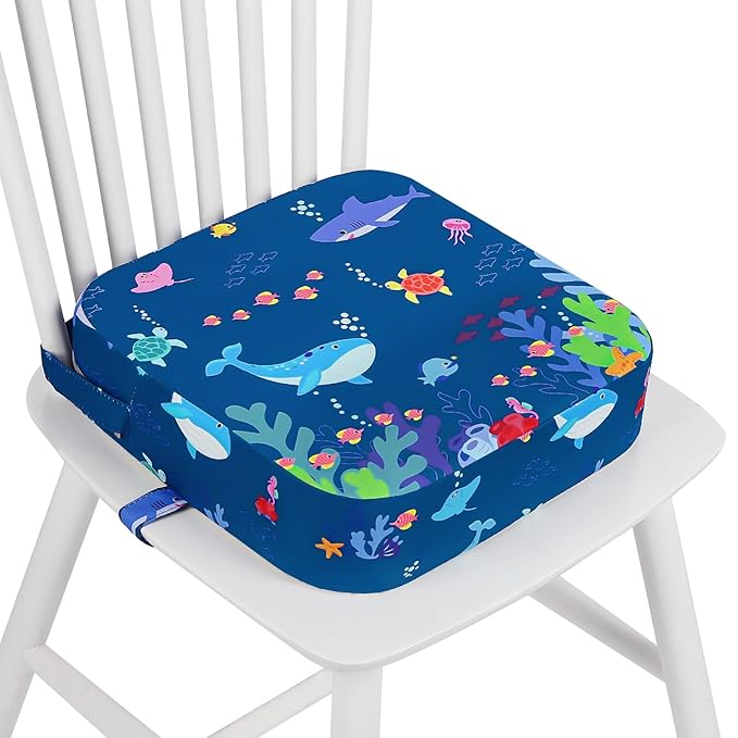Toddler Booster Seat for Dining Table, 4" Kids Booster Seat for Kitchen Chair with Non-Slip Bottom, Portable Detachable Washable Increasing Cushion with 2 Adjustable Straps (Marine Animals)