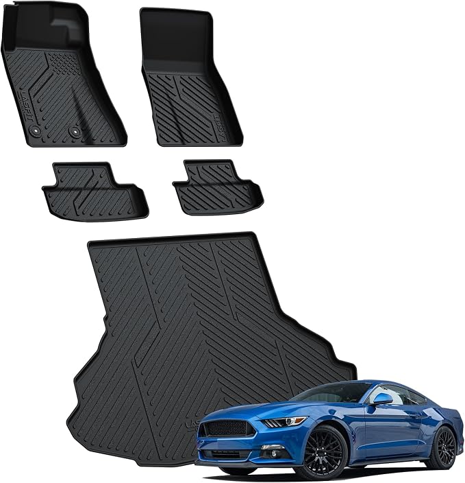 LASFIT Floor Mats and Cargo Mat for Ford Mustang 2024 2025 2026 (NOT fit w/o Subwoofer Box) All Weather Protector TPE Car Floor Liners, 1st & 2nd Row & Trunk Liner, 5pcs Black