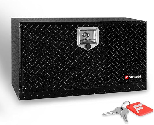 FORWODE 30x14x16 Inch Underbody Truck Tool Box Aluminum Trailer Tool Box with Lock & Foldable T-Handle Waterproof Truck Storage Box for Pickup Truck, Trailer, RV, ATV, Indoor（BLACK）