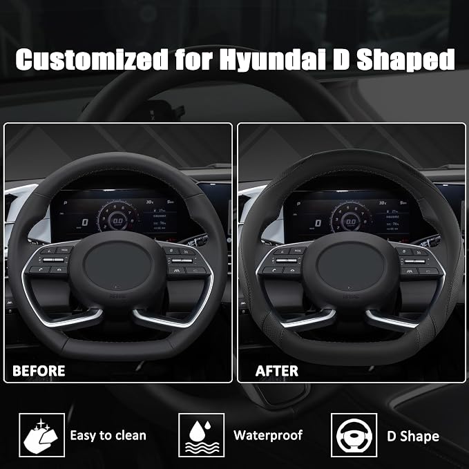 West Llama Flat Bottom Car Steering Wheel Cover for Hyundai,D Shaped Steering Wheel Cover for Tucson,Sonata,Elantra,Santa Fe,Genesis,Sonata Hybrid,Azera,Venue,Kona (Black-Standard Size)