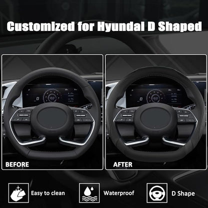 West Llama Flat Bottom Car Steering Wheel Cover for Hyundai,D Shaped Steering Wheel Cover for Tucson,Sonata,Elantra,Santa Fe,Genesis,Sonata Hybrid,Azera,Venue,Kona (Black-Standard Size)