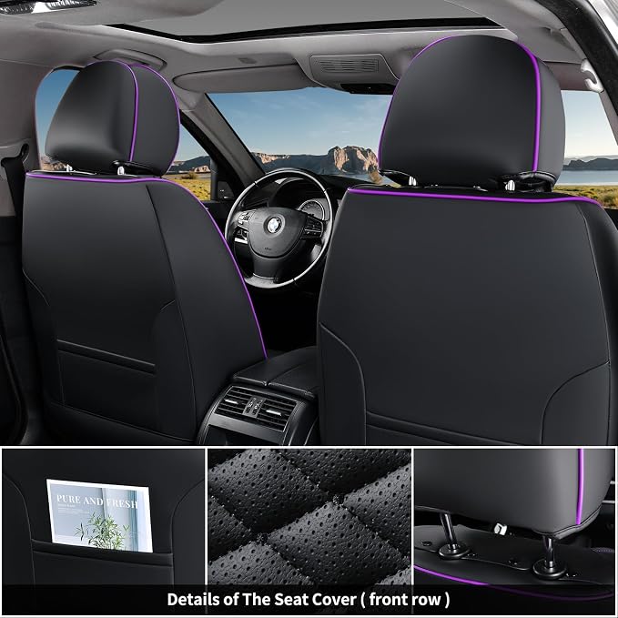 Coverado Car Seat Covers Front Seats, Nappa Leather Black&Purple Car Seat Cover, Automotive Seat Covers, Waterproof Driver Seat Protector, 2 Pack Front Seat Cover Car Seat Cushion Fit for Most Cars