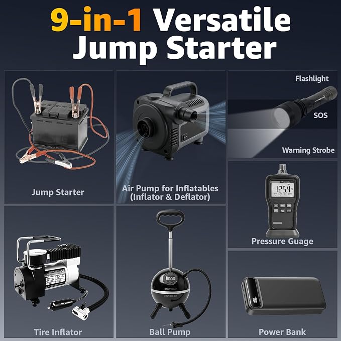 Lehwey Portable Jump Starter with Air Compressor - 12V Car Battery Jumper Starter Box 5500A (All Gas/12L Diesel) 9-in-1 with Air Blower, 150PSI Tire Inflator, 3-Mode Emergency Flashlight, LCD Display