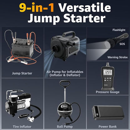 Lehwey Portable Jump Starter with Air Compressor - 12V Car Battery Jumper Starter Box 5500A (All Gas/12L Diesel) 9-in-1 with Air Blower, 150PSI Tire Inflator, 3-Mode Emergency Flashlight, LCD Display