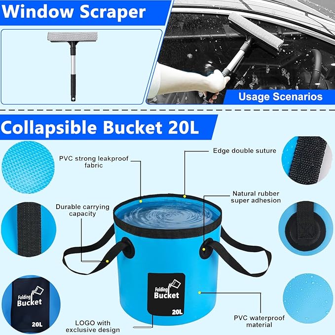 THINKWORK Car Wash Kit, Car Detailing Kit with Foam Gun, Car Wash Brush Mop and Large Folding Bucket Suitable for Car Cleaning, Blue Car Wash Set Gift for Men and Women