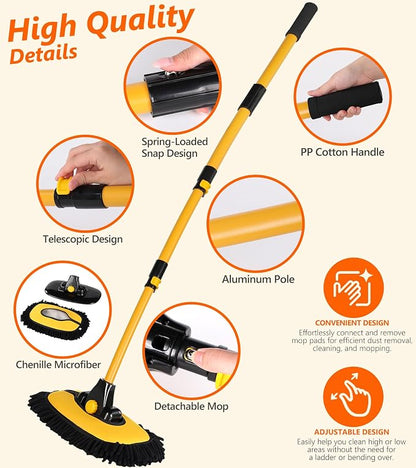 EVERRUSH 56.7" Car Wash Brush Mop Kit Microfiber Car Washing Sponge Mitt with Long Handle Car Cleaning Supplies Tools RV Washing Duster Exterior Scratch Free, Chenille Replacement Head Extension Pole