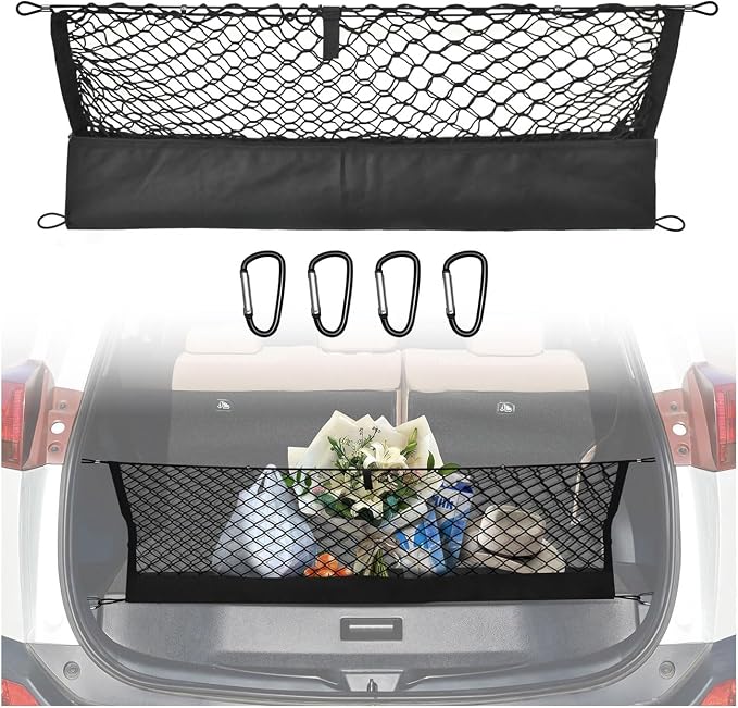 Envelope Style Trunk Cargo Net Compatible with Toyota RAV4 2015 2016 2017 2018,Highly Elastic Trunk Cargo Net for SUV RAV4 Accessories, Upgraded Storage Bag & Heavy Duty Carabiners