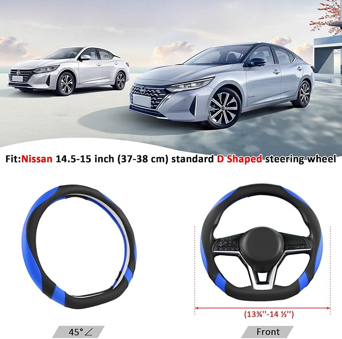 West Llama Flat Bottom Car Steering Wheel Cover for Nissan,D Shaped Steering Wheel Cover for Rogue,Altima,Kicks (Black+Blue-Standard Size)