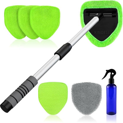 XINDELL 29-inch Windshield Cleaner Tool – Car Interior Window Cleaning Kit with Extended Long Handle & 4 Microfiber Pads, Auto Wiper Windshield Brush for Car, Trucks, SUVs, RVs & Home