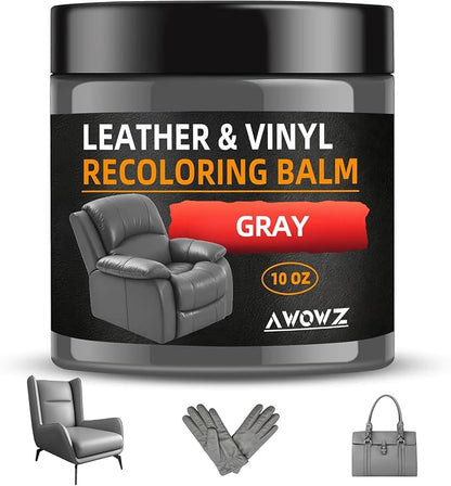 Leather Recoloring Balm - Scratch Repair & Color Restore Kit for Faded Leather, Leather Couch & Car Seats - 10OZ Leather Restorer Balm for Furniture, Auto Interior, Vinyl, Accessories (Gray)