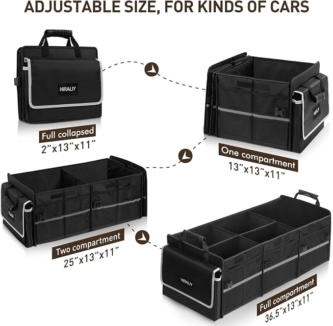 HIRALIY 4 in 1 Car Trunk Storage Organizer with Leakproof Cooler Bag, Multi-Compartment Foldable Trunk Storage Box for Car Truck SUV Black