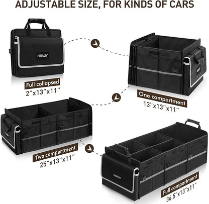 HIRALIY 4 in 1 Car Trunk Storage Organizer with Leakproof Cooler Bag, Multi-Compartment Foldable Trunk Storage Box for Car Truck SUV Black
