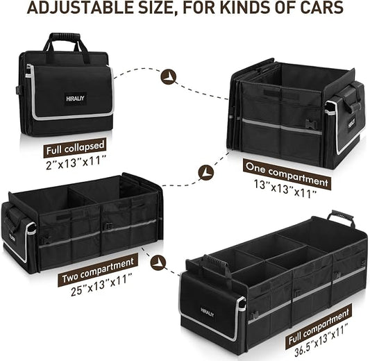 HIRALIY 4 in 1 Car Trunk Storage Organizer with Leakproof Cooler Bag, Multi-Compartment Foldable Trunk Storage Box for Car Truck SUV Black