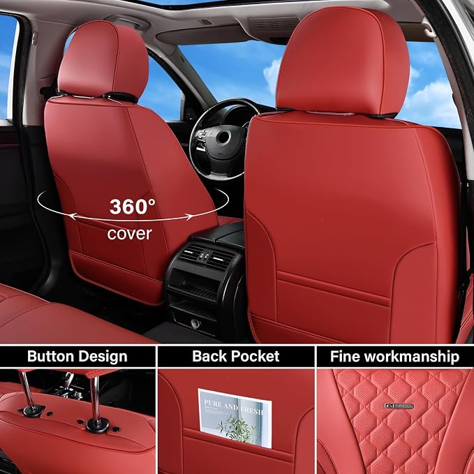 Coverado Car Seat Covers Full Set, Luxury Diamond Leather Car Seat Cover, Waterproof Automotive Seat Protectors, Breathable Car Seat Cushion, Universal 5 Seats Seat Cover Fit for Most Cars, Red