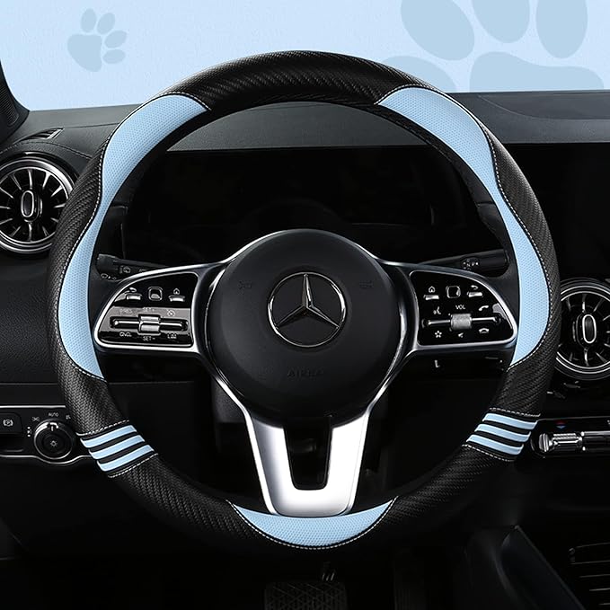 HighnessHwoo Car Steering Wheel Covers for Women Padded Carbon Fiber PU Leather Cute Auto Interior Accessories for Vehicle, Sedan, Universal, Anti Slip, Blue, Standard Size, 14.75-15.15in