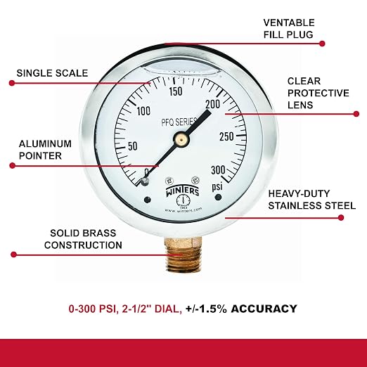 Winters 2-1/2" Dial Size, Liquid Filled Industrial Pressure Gauge, Brass Internals, 304 Stainless Steel Case, Single Scale 0-300 psi, 1.5% Acc, 1/4" NPT Bottom Mount, Glycerin Filled Pressure Gauge