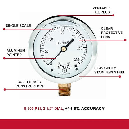 Winters 2-1/2" Dial Size, Liquid Filled Industrial Pressure Gauge, Brass Internals, 304 Stainless Steel Case, Single Scale 0-300 psi, 1.5% Acc, 1/4" NPT Bottom Mount, Glycerin Filled Pressure Gauge