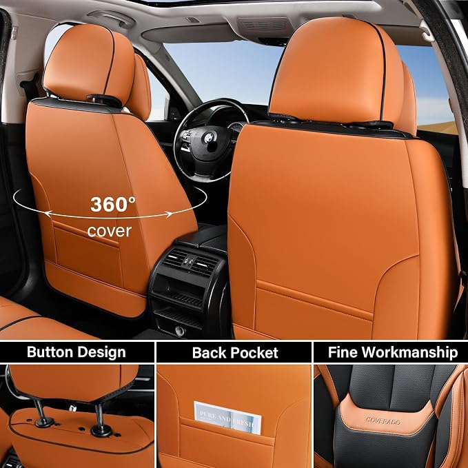Coverado Universal Seat Covers Front, 2-Pack Universal Seat Covers for Cars, Waterproof Nappa Leather Car Seat Covers with Head Pillow, Auto Protectors Fit for Most SUV Pick-up Truck-Black&Brown