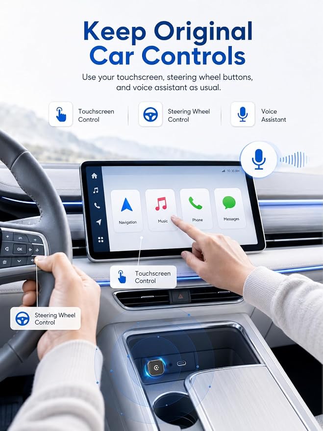 Mini Wireless CarPlay & Android Auto Adapter, Low-Profile USB-A 2-in-1 Wireless Adapter for Factory Wired CarPlay/Android Auto Cars, Plug-in Once Auto Reconnect, 5GHz WiFi, USB-C Adapter Included