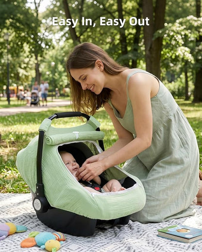 Rquite Car Seat Cover Baby Girl Boy, 100% Muslin Cotton Carseat Covers, Breathable Infant Windproof Canopy with Mesh Window, Stroller Sun Shade for Summer & Hot Day, Sage Green