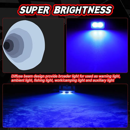 Blue LED Pod Lights 3 Inch 2PCS Auxiliary Backup Rear Light Bar Offroad Fog Driving Light Blue Hunting Fishing Emergency Safety Signal Work Lights for Truck Van UTV Pickup Boat