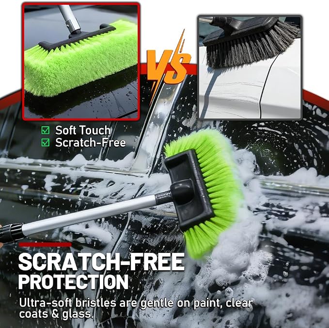 Flow-Thru Wash Brush with Universal Garden Hose Adapter, 65" Extendable Aluminum Cleaning Pole for RV Truck House Siding & Solar Panels, Soft Bristle Scrub Broom (Green)