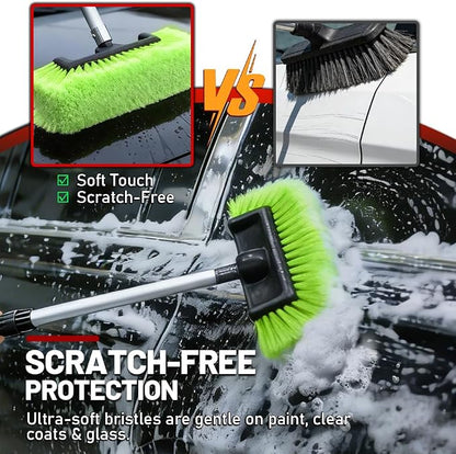 Flow-Thru Wash Brush with Universal Garden Hose Adapter, 65" Extendable Aluminum Cleaning Pole for RV Truck House Siding & Solar Panels, Soft Bristle Scrub Broom (Green)