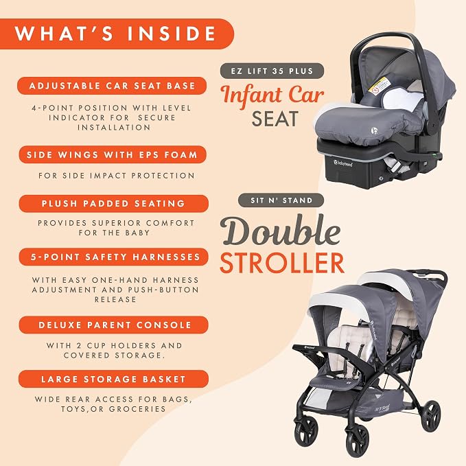 Baby Trend Sit N' Stand Double Stroller w/ 2 Pack EZ-Lift Plus Infant Car Seats, Magnolia - Lightweight Tandem and Travel Stroller with Carseat System for Toddlers