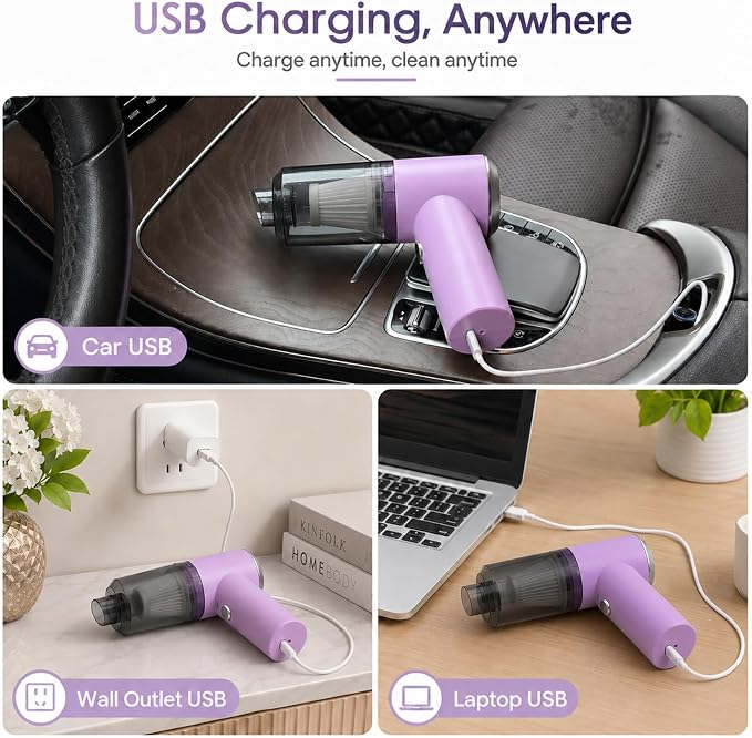catsMeow Mini Handheld Vacuum Cordless, Lightweight Portable Vacuum Cleaner for Home, Car, Desk, Keyboard, Sofa and Crumbs, USB Rechargeable Small Vacuum with Washable Filter, Stylish Lavender Purple