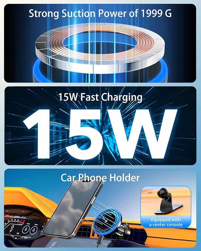 MagSafe Car Mount Charger, 3 in 1 [LED RGB HandsFree] Wireless Car Charger, Magnetic Phone Holders for Your Car- Fast Charging Car MagSafe Charger for iPhone 17/16/15/14/13/12 Series, for Men Women