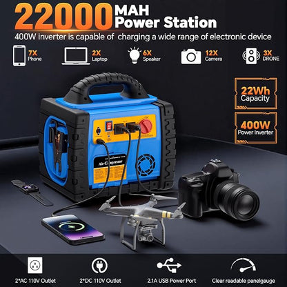 Car Jump Starter with Air Compressor, 2200A Battery Booster Pack for Up to 8.0L Gas & 6.0L Diesel, 150PSI Tire Inflator, 400W Portable Power Station with AC Outlet, 6-in-1 Jump Box for Cars, Trucks