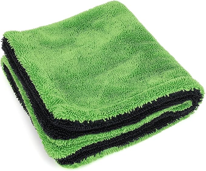1200GSM Microfiber Car Drying Towel, Double-Twist Loop, Ultra-Absorbent, Quick-Dry, Lint- & Streak-Free, Scratch-Safe, for Car Wash & Detailing (1 Pack) (Dark Grey & Green, 16" x 16")