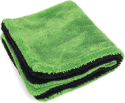 1200GSM Microfiber Car Drying Towel, Double-Twist Loop, Ultra-Absorbent, Quick-Dry, Lint- & Streak-Free, Scratch-Safe, for Car Wash & Detailing (1 Pack) (Dark Grey & Green, 16" x 16")