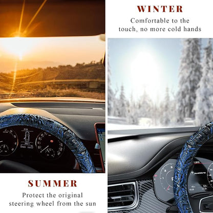 Leather Car Steering Wheel Cover, 15" Crocodile Pattern Anti Slip Car Wheel Wrap with Rose Grain, Four Seasons Universal Auto Steering Wheel Protector for Cars Trucks SUVs (Blue)