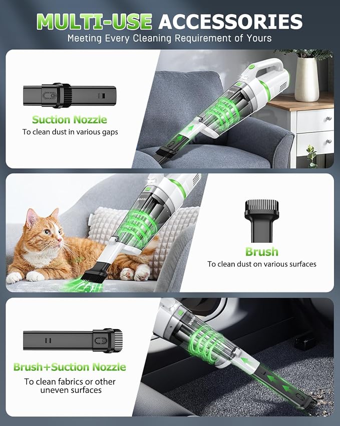 AHNR Handheld Vacuum Cordless, 16000PA Powerful Suction Hand Held Vacuum Cordless Rechargeable with LED Light & 2 HEPA Filters, Portable Car Vacuum Cleaner High Power for Car Home Office