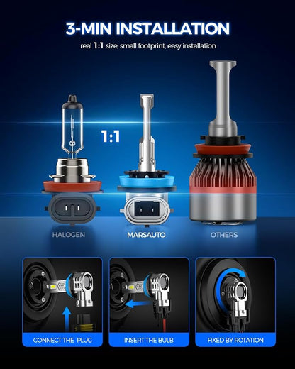 Marsauto 9005 H11 Light Bulbs, 120,000LM 1200% Ultra Brightness, 1:1 Halogen Size, 6500K Cool White, 10-Year Long Service Life Fog Light with Cooling Fan, IP68 & Error-Free Installation, Pack of 2