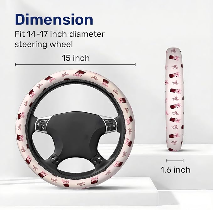 GENANY Retro Soda Bow Steering Wheel Cover, Non Slip Polyester Car Wheel Protector for Car SUV Truck, Universal 15 Inch