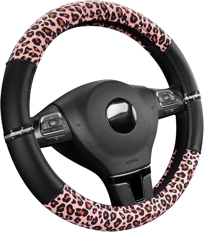 Road Comforts Leopard Steering Wheel Cover for Women, Cute Anti-Slip Microfiber Leather, Fits 14.5-15 Inch Steering Wheel 14.5-15 Inch - Black and Pink Cheetah