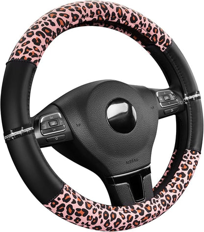 Road Comforts Leopard Steering Wheel Cover for Women, Cute Anti-Slip Microfiber Leather, Fits 14.5-15 Inch Steering Wheel 14.5-15 Inch - Black and Pink Cheetah