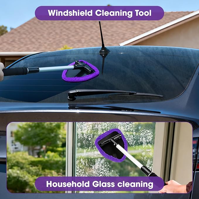 Purple Windshield Cleaner Tool, Car Interior Cleaning Kit with Extendable Handle and 3 Reusable Microfiber Pads, Auto Glass Wiper and Detailing Brush Kit for Car & Home Window